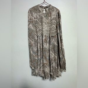 FREE PEOPLE Victorian Paisley Romantic Top Boho Taupe Lace Flowy Dress Sz Large